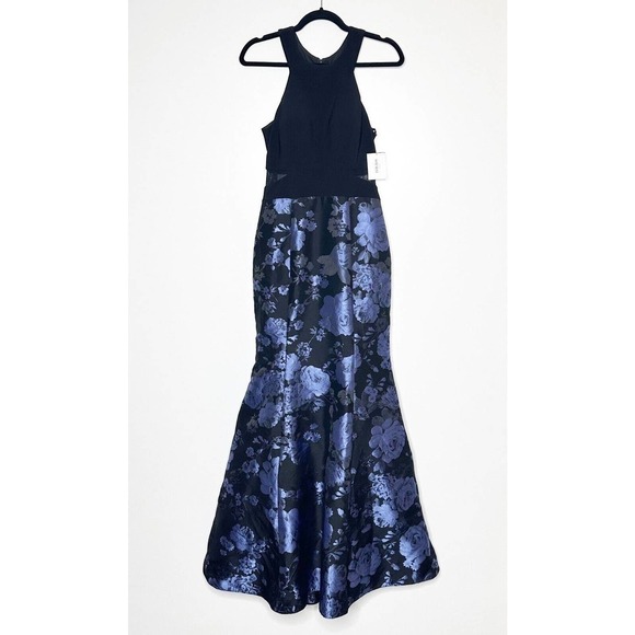 NWT Xscape Floral Mermaid Gown Jacquard Gown Women's Mesh Black Blue Size 6 $250 - Picture 3 of 7